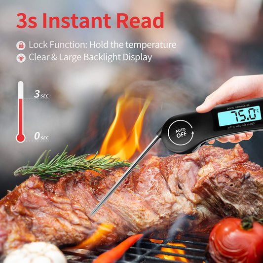 DOQAUS Kötttermometer Digital, 3s omedelbar läsning Matlagningstermometer, Vikbar Sond Grilltermometer med Hög Noggrannhet, Bakgrundsbelysning LCD-skärm, Automatisk på/av för Kök, Grill, Mjölk (svart)