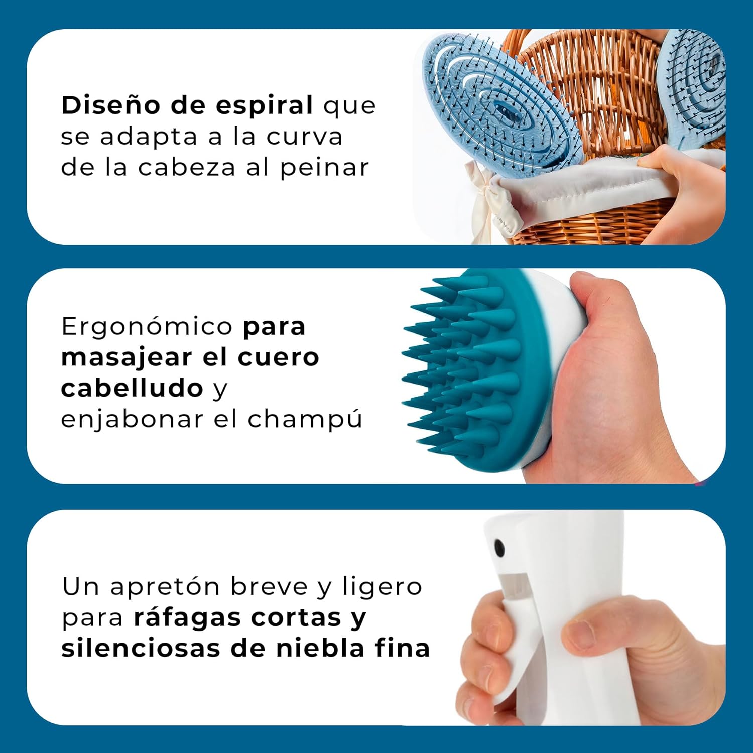 Set De Peinado, Cepillo Antitirones, Masajeador Cuero Cabelludo, Pulverizador Agua, Cepillo Desenredante Sin Tirones, Masajeador Cabeza, Spray Agua Pulverizador (Azul)