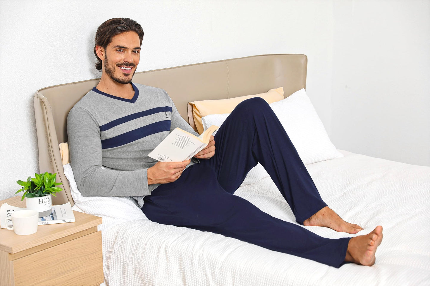 Nieery Pyjamas för Män Vinter Pyjamas Män Bomull Lång V-Krage Pyjamas Män Avslappnad Lättvikt S-XXL