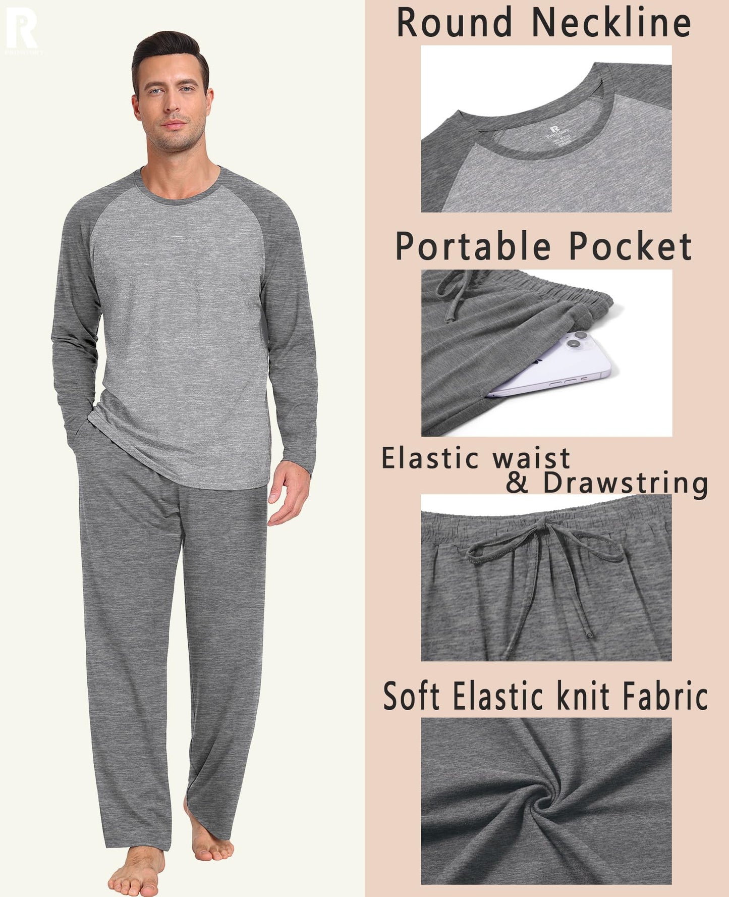 PrinStory Pyjamasset för män nattkläder pyjamas långärmad topp och byxor sovset