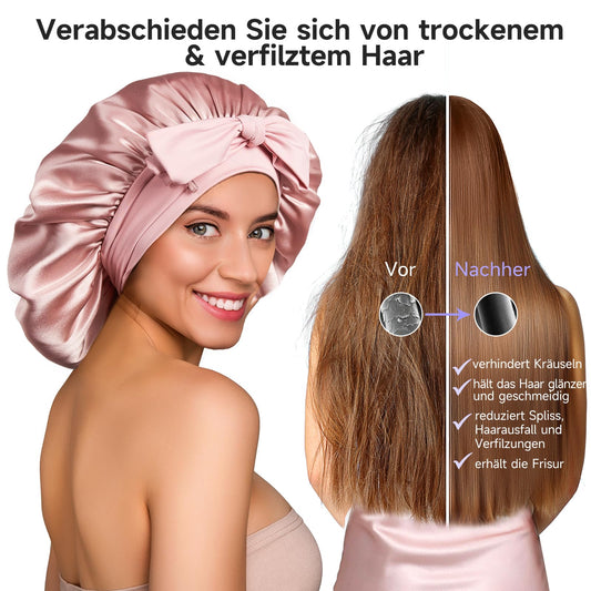Umisleep 100% 22 momme mullbärsidenmössa för sömn, lockigt hår, med dubbla lager, silkesnattmössa med ventilation, med justerbar bred rem för huvudfästning, rosa