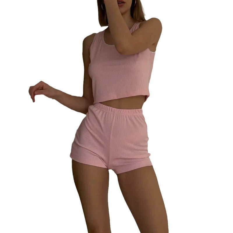 Casual Women's Suit Solid Color Ruffled High Waist Shorts Vest