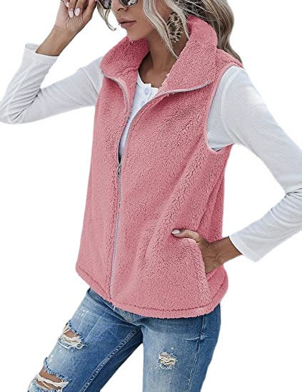 Plush Stand Collar Sleeveless Zipper Lightweight Vest