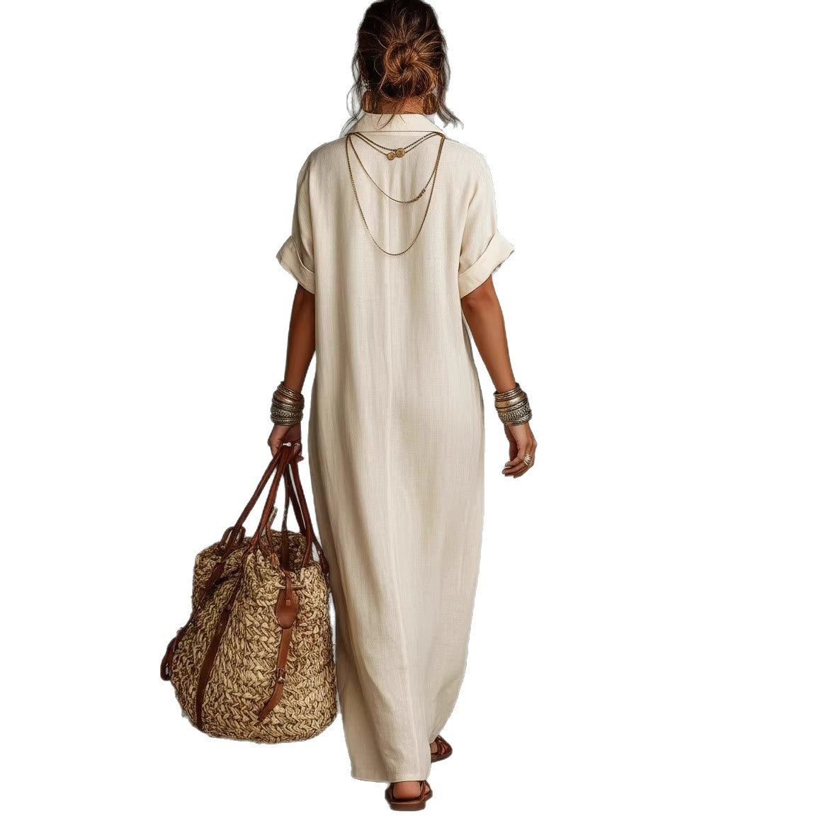 Casual Cotton-Linen Embroidered Pattern Short-Sleeve Pocket Dress