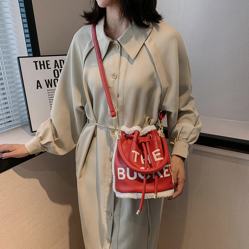 BucketLamb Wool Alphabet Portable Cross-body Bucket Bag