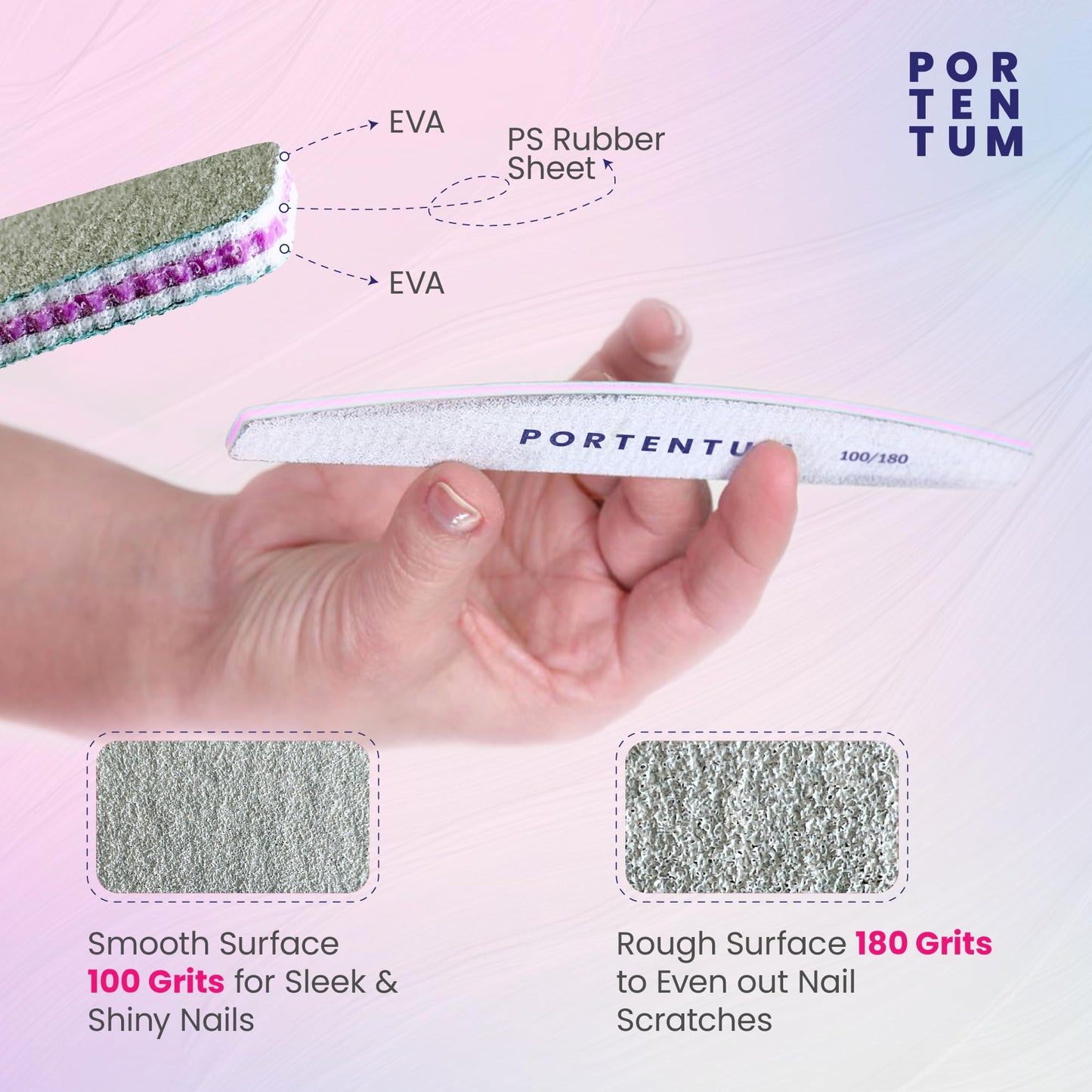 PORTENTUM 8st professionella nagelfiler, 100/180 dubbelsidiga tvättbara filer, fil naglar idealiska för gel och akryl, användning i salong och hem