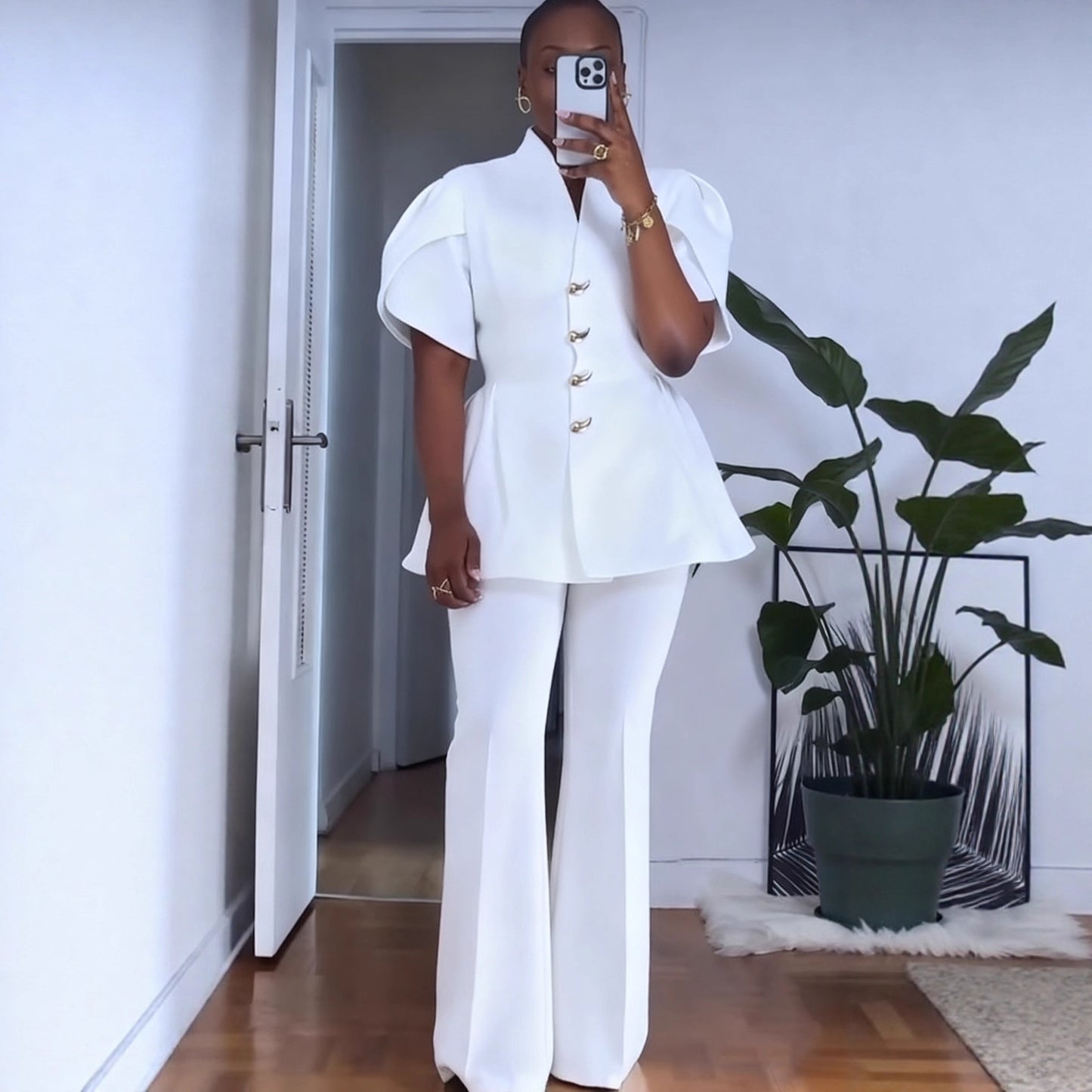 Elegant Commuter Two-Piece Set Womens Top With Bud Sleeves And Pants