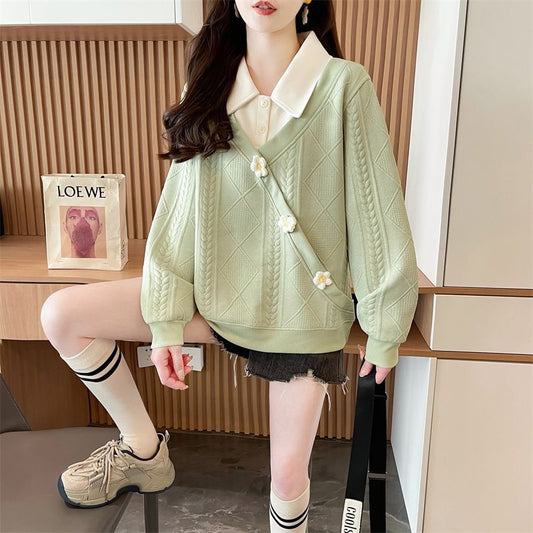 Plus Size Fake Two Pieces Sweater til Kvinder Design Sense