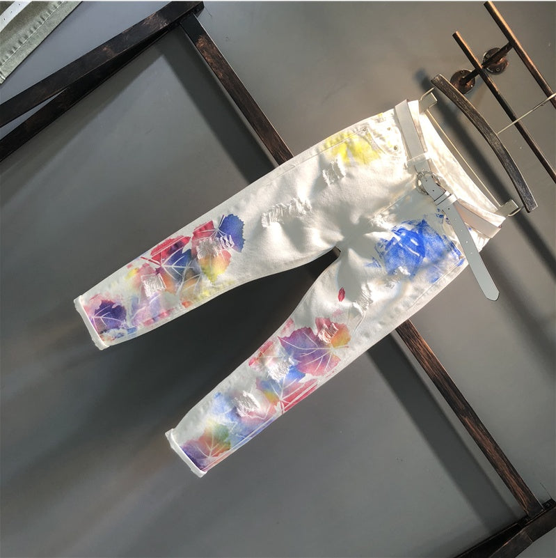 Dame Stretchede Blomsterprint Lige Jeans Blyantsbukser