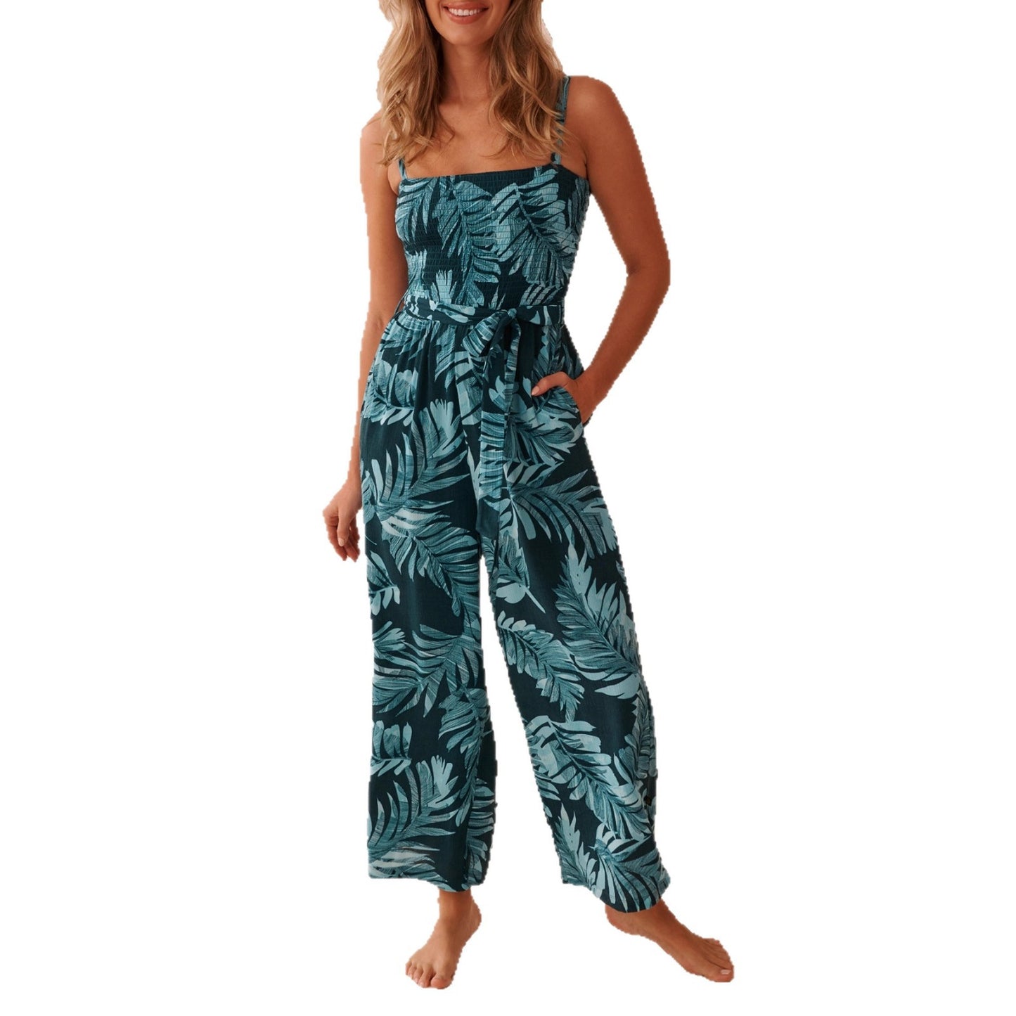 Mid-rise Suspender-style Printed Straight-leg Jumpsuit
