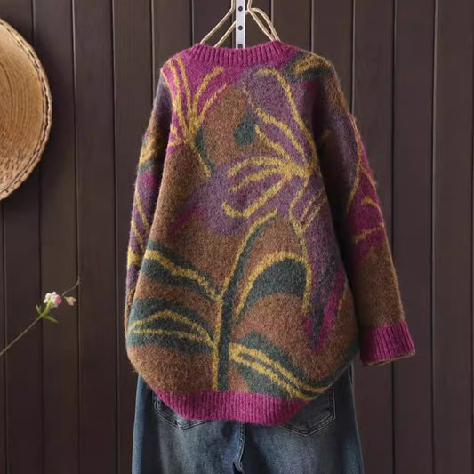 Round Neck Floral Print Retro Style Artistic Sweater