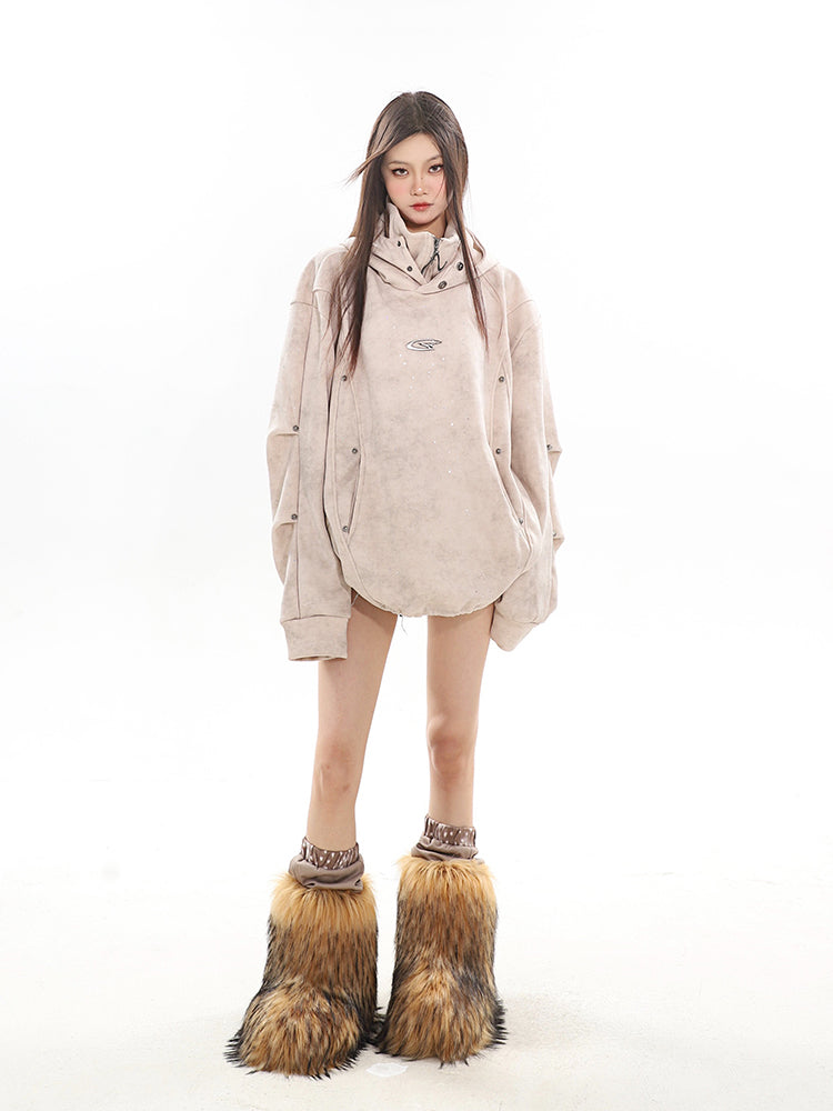 Hooded Sweater Double-layer Turtleneck Metal Pleated Couple's Tops