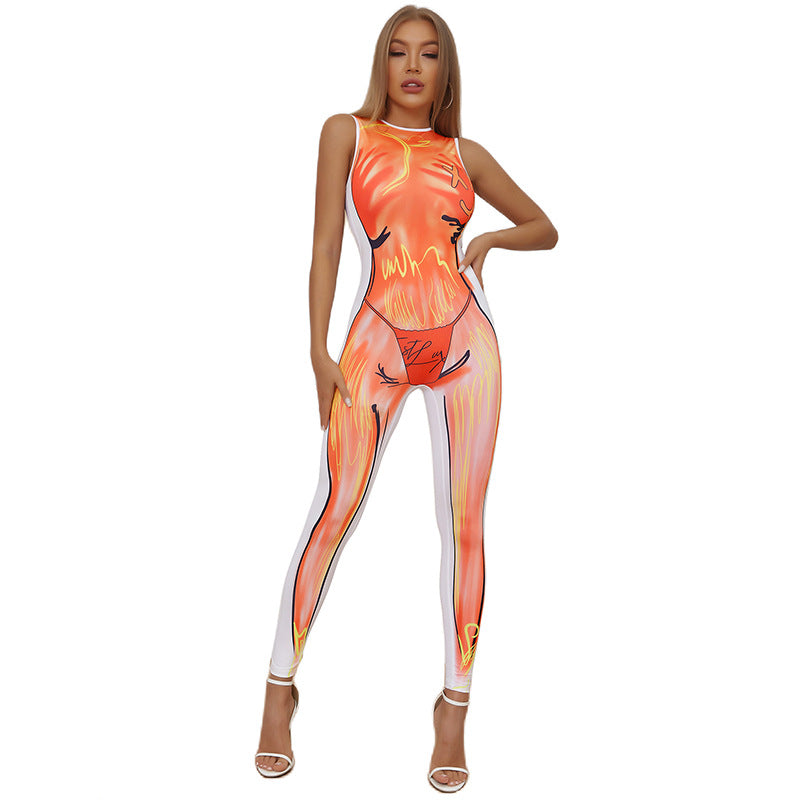 Women's Casual Print Crew Neck Sleeveless Slim Fit Jumpsuit