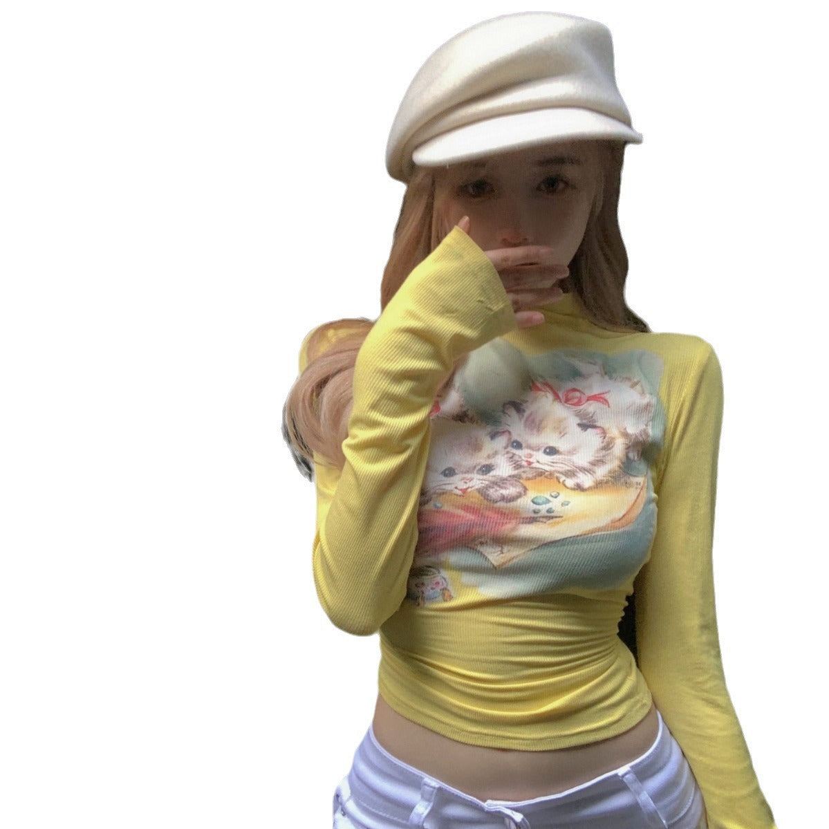 Dopamin Kat Print Langærmet T-shirt Tidlig Efterår