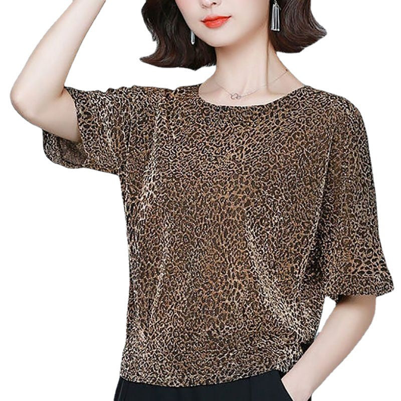 Plus Size Loose-fitting Belly-covering Bright Silk Bottoming Leopard Print Shirt