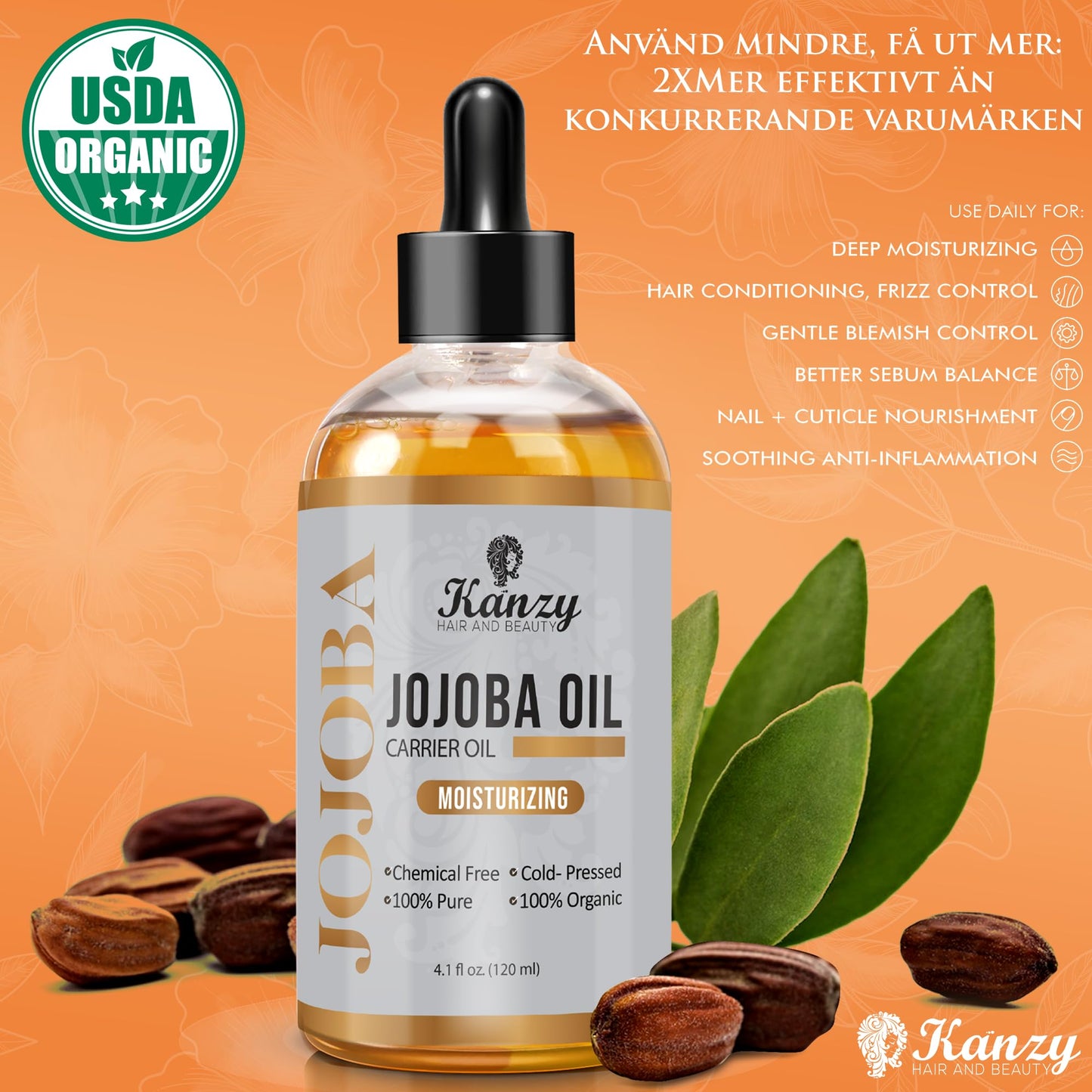 Kanzy Jojobaolja Ekologisk Kallpressad 100% Ren 120ml Hexanfri Bärarolja för Hår Naglar Kropp Hud & Ansikte Kroppsolja-Certifierad