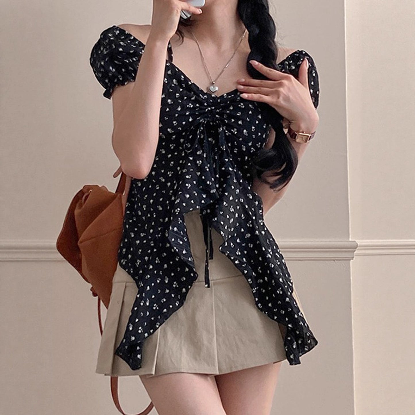 New Womens French-style Floral Asymmetrical Top