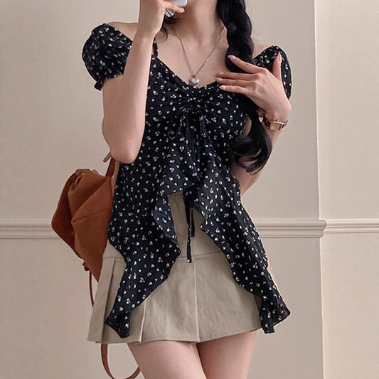 New Womens French-style Floral Asymmetrical Top