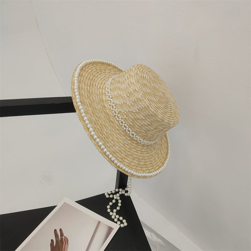 Women's Hand Sewn Pearl Flat Top Straw Hat