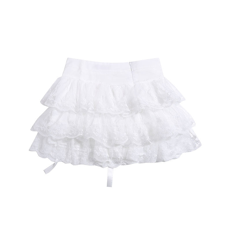 French Retro White Sweet Lace Pleated Skirt