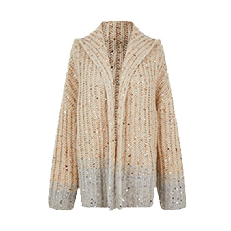 New FallWinter Womens Designer Gradient Sequin Hooded Jacket