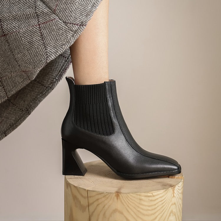 Women's Knitted Stretch Boots Square Toe Short High Heel Single Boots
