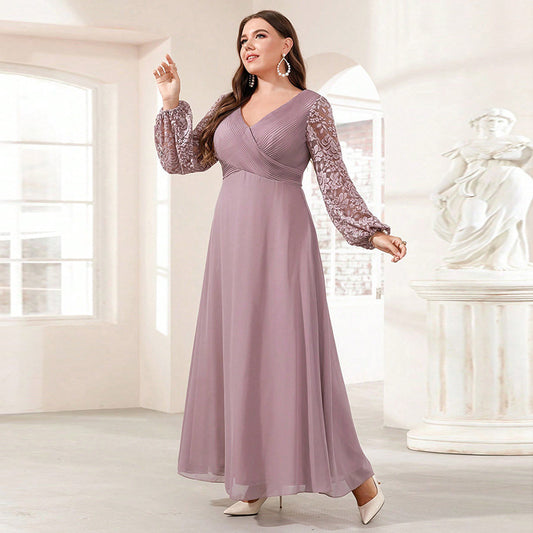 New Silk Satin V-neck Long-sleeve Dress