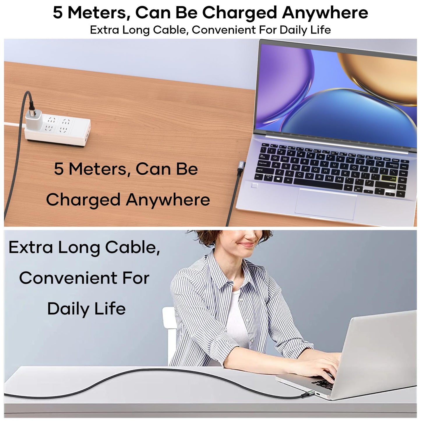 5 m USB-C till USB-C-kabel, [240 W, 48 V/5 A] 90 graders nylonflätad PD3.1 snabbladdningskabel för 16/15/Pro Max, Galaxy S24/S23, MacBook Pro/Air, iPad Pro/Air/Mini/Switch