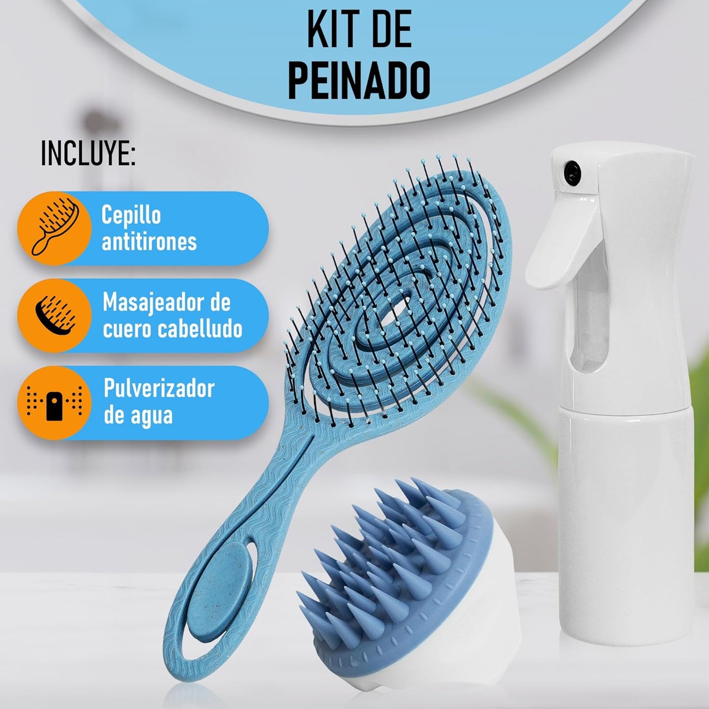 Set De Peinado, Cepillo Antitirones, Masajeador Cuero Cabelludo, Pulverizador Agua, Cepillo Desenredante Sin Tirones, Masajeador Cabeza, Spray Agua Pulverizador (Azul)