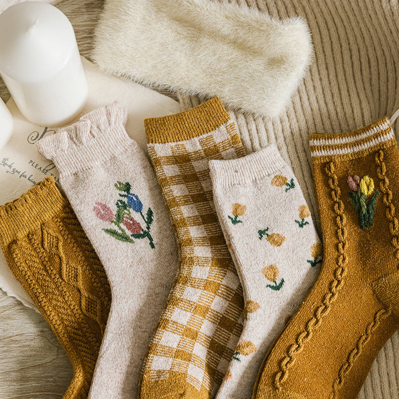 Golden Retro Tulip Mid-tube Socks Warm And Thick