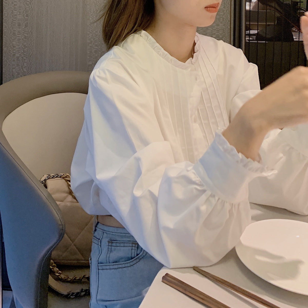 Design Sense Loose Western Style Stand Collar Ruffled Pleated White Shirt For Women