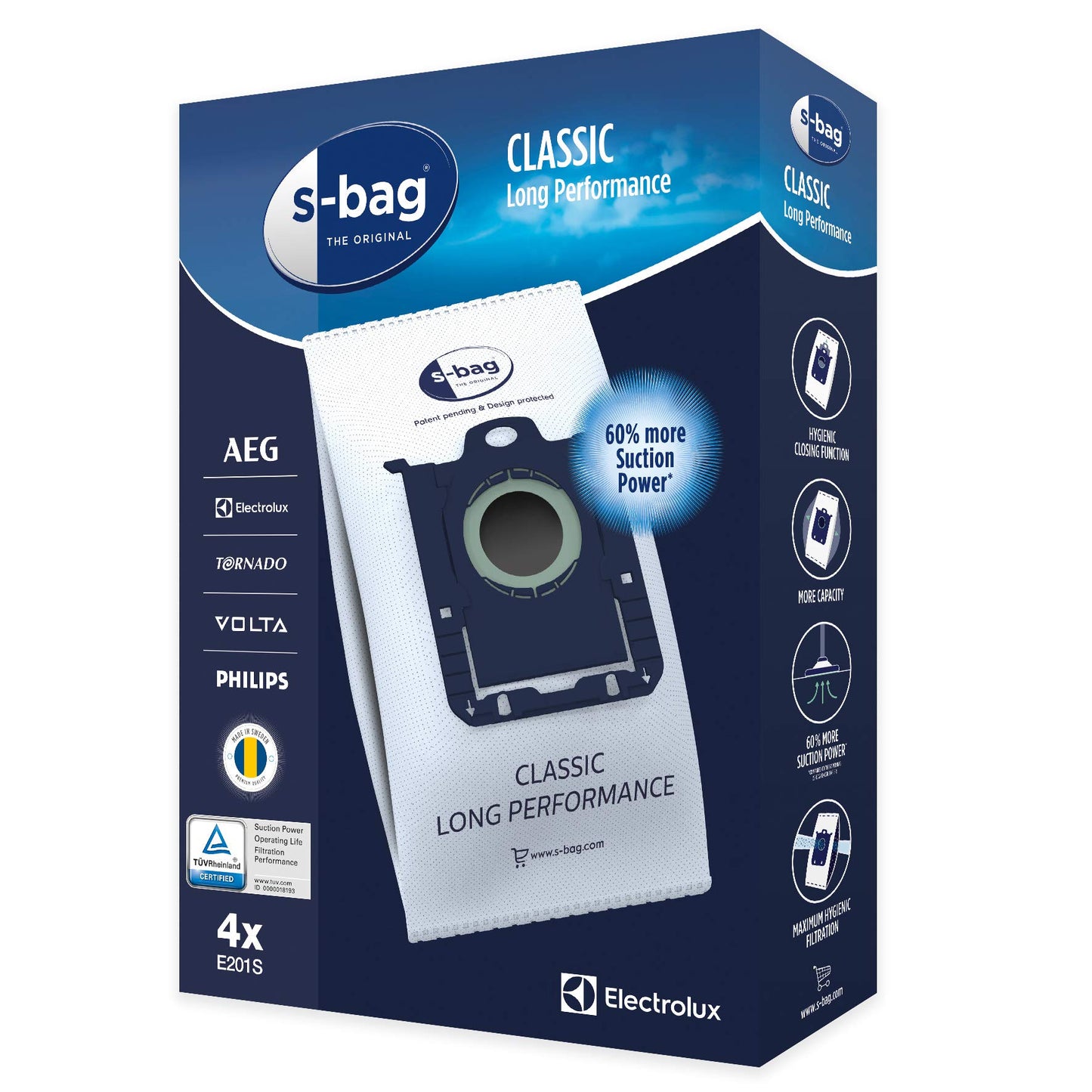 Electrolux E201S Dammsugarpåsar S-bag Classic Long Performance, 4 påsar, Optimerar luftflödet med påsens tåliga syntetmaterial, Lämplig för många typer av dammsugare