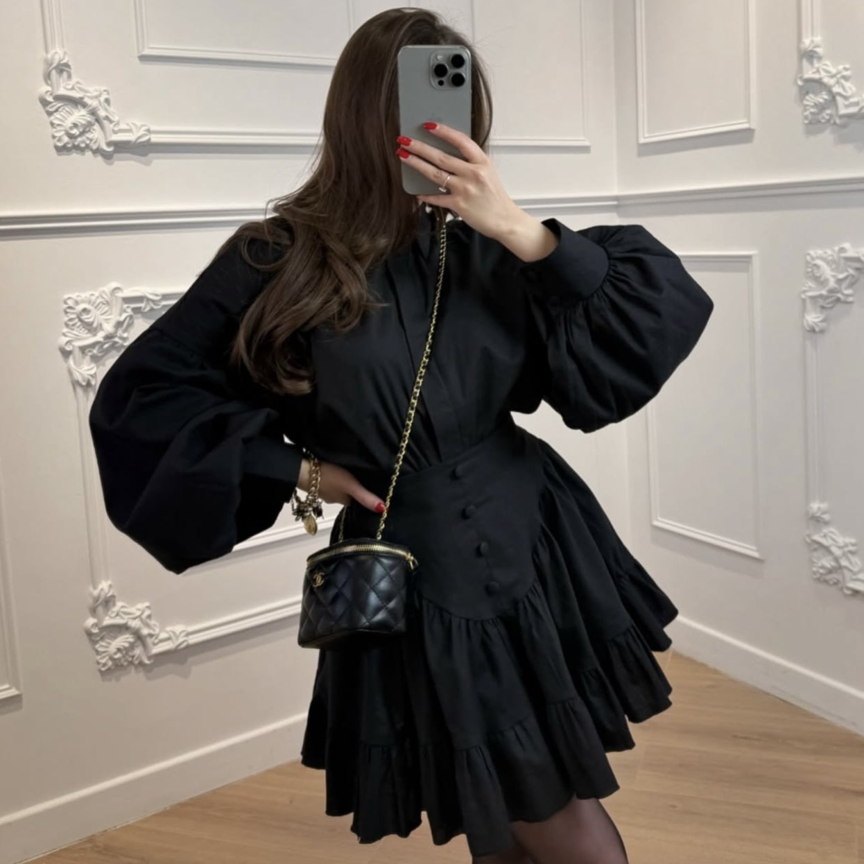 Elegant Lapel Style Button Up Shirt With Ruffle Hem And Matching Skirt Set