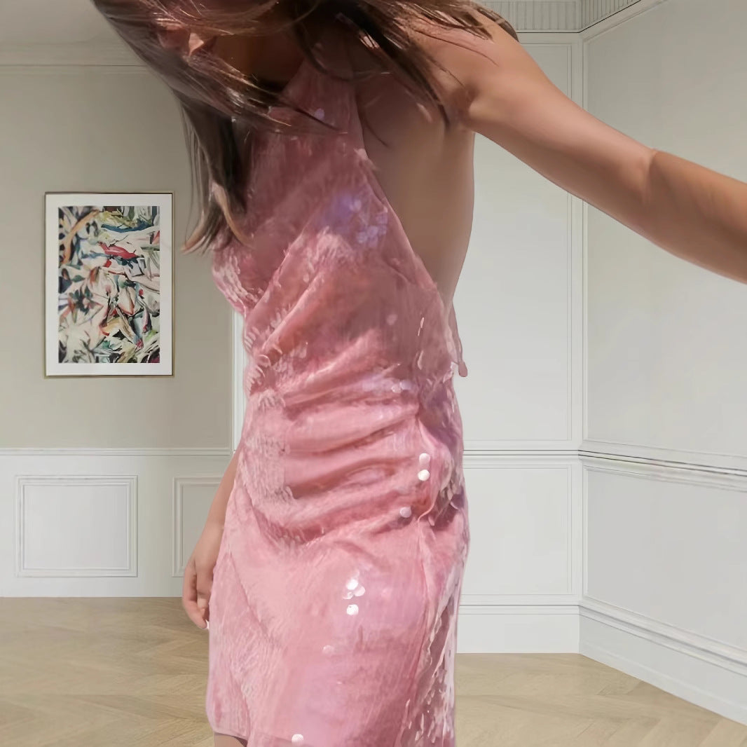 Sexy Beaded Halterneck Dress For Women Sleeveless With A Backless Design