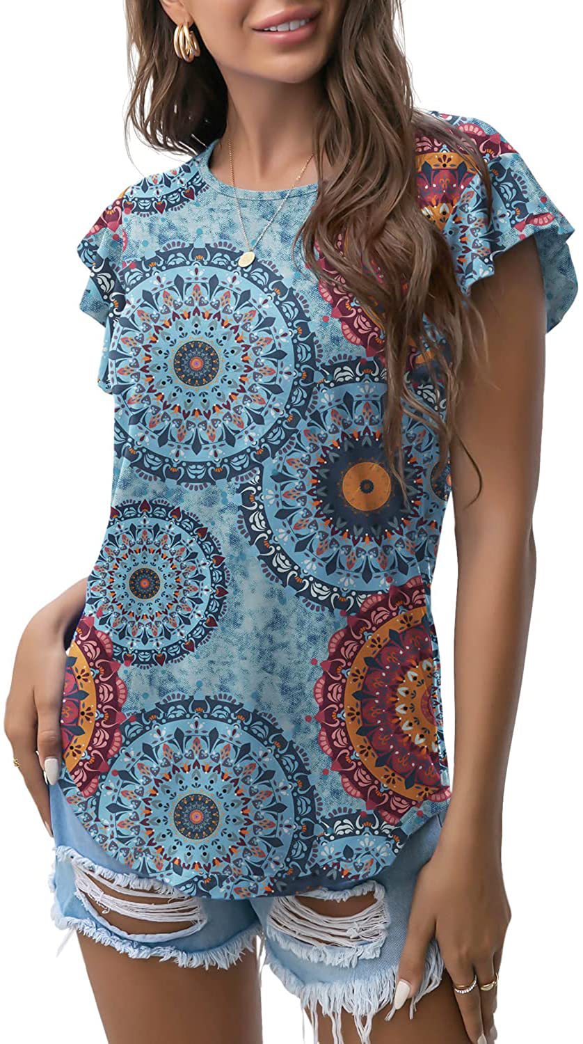 Women's Round Neck Printed Ruffled Short Sleeve T-shirt