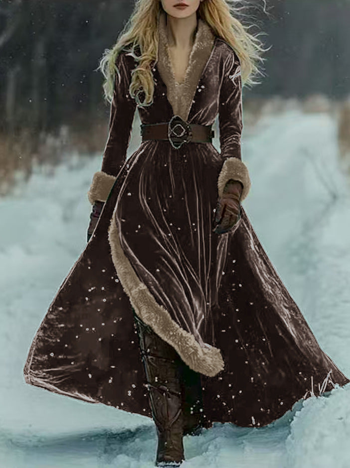 V-neck Split Autumnwinter Relaxed-waist Coat Dress