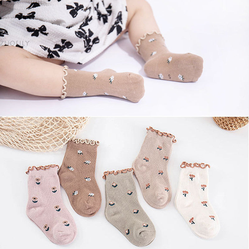 Children's Socks With Fungus Edge New Cartoon Flower Trend