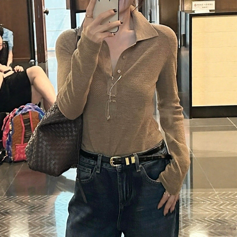 Khaki Polo-neck Fitted Womens Knit Top