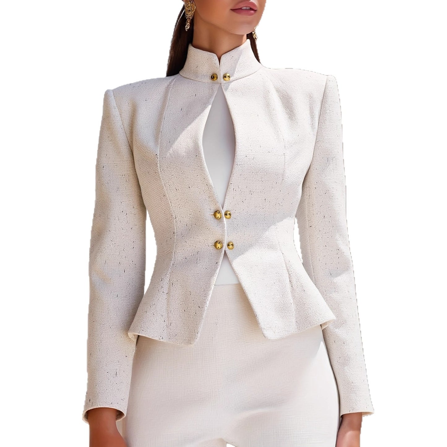 Double-Breasted Stand-Up Collar Long-Sleeve Blazer