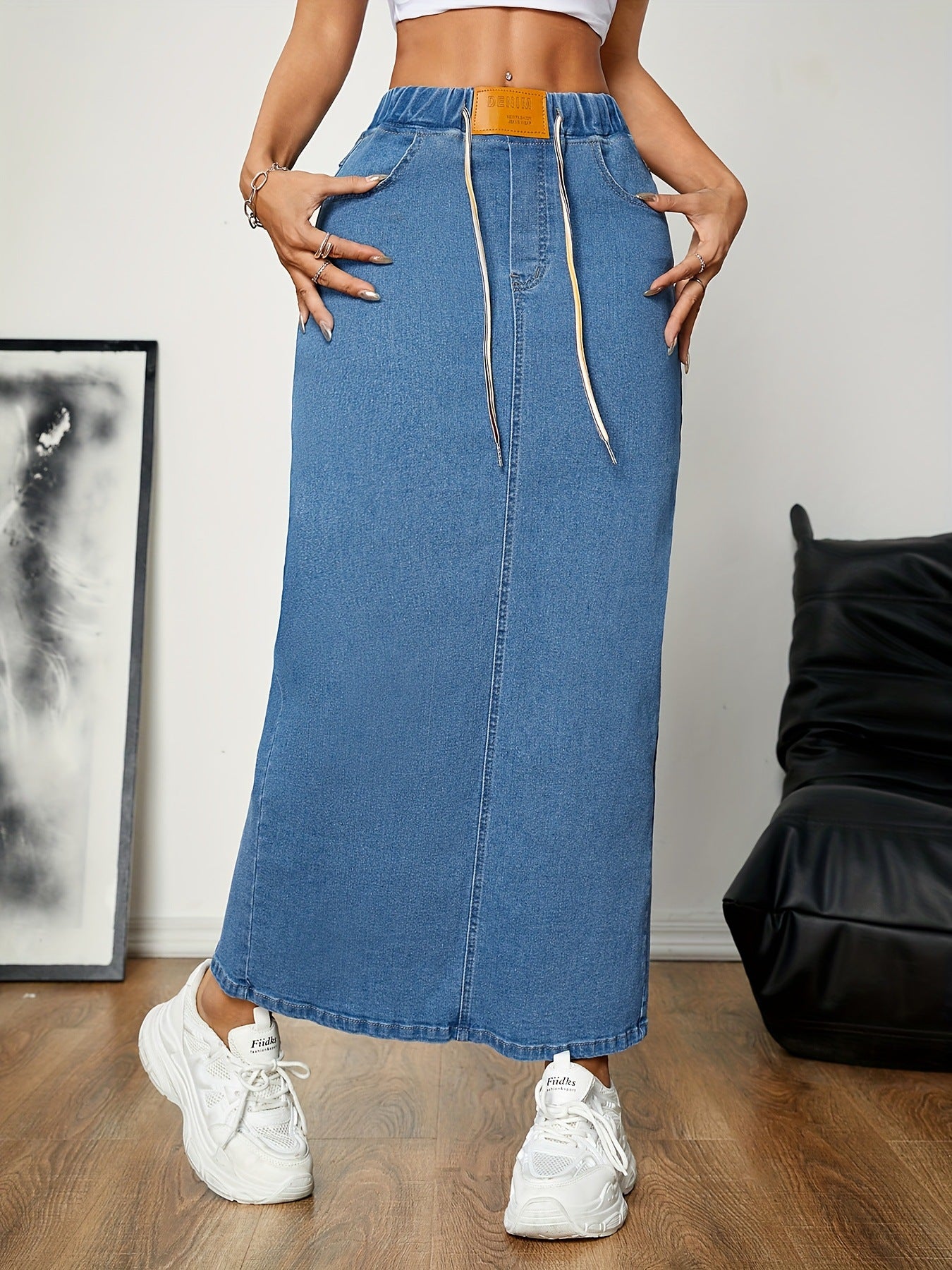 Womens A-line Denim Skirt With A Drawstring Waist For A Snug Or Loose Fit