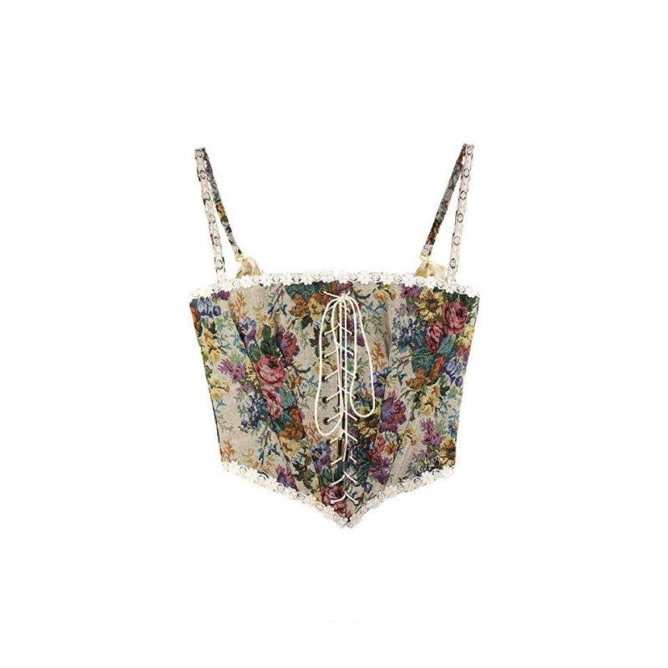 Women's French Vintage Camisole Floral Lace-up Tube Top
