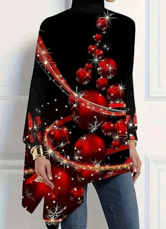 Christmas Tree Print Mid-Length Turtleneck Irregular Tops