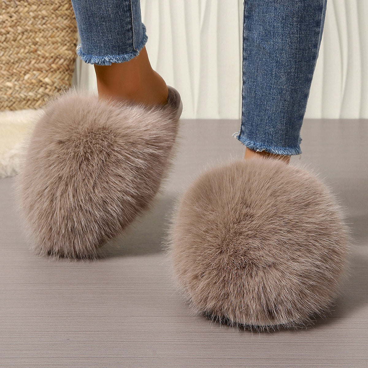 Kvinde Plus-size Ensfarvede Fluffy Store Pelsede Hjemmesko