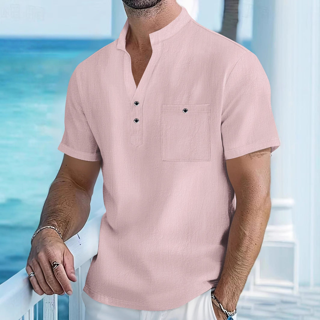 Stand Collar T-shirt Linen Short Sleeve Shirt Men