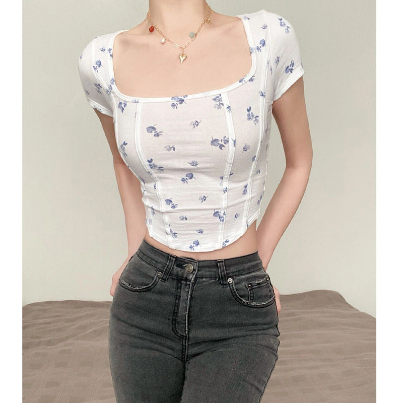 Short Sleeve Fishbone T Shirt With Square Neck And Floral Trim