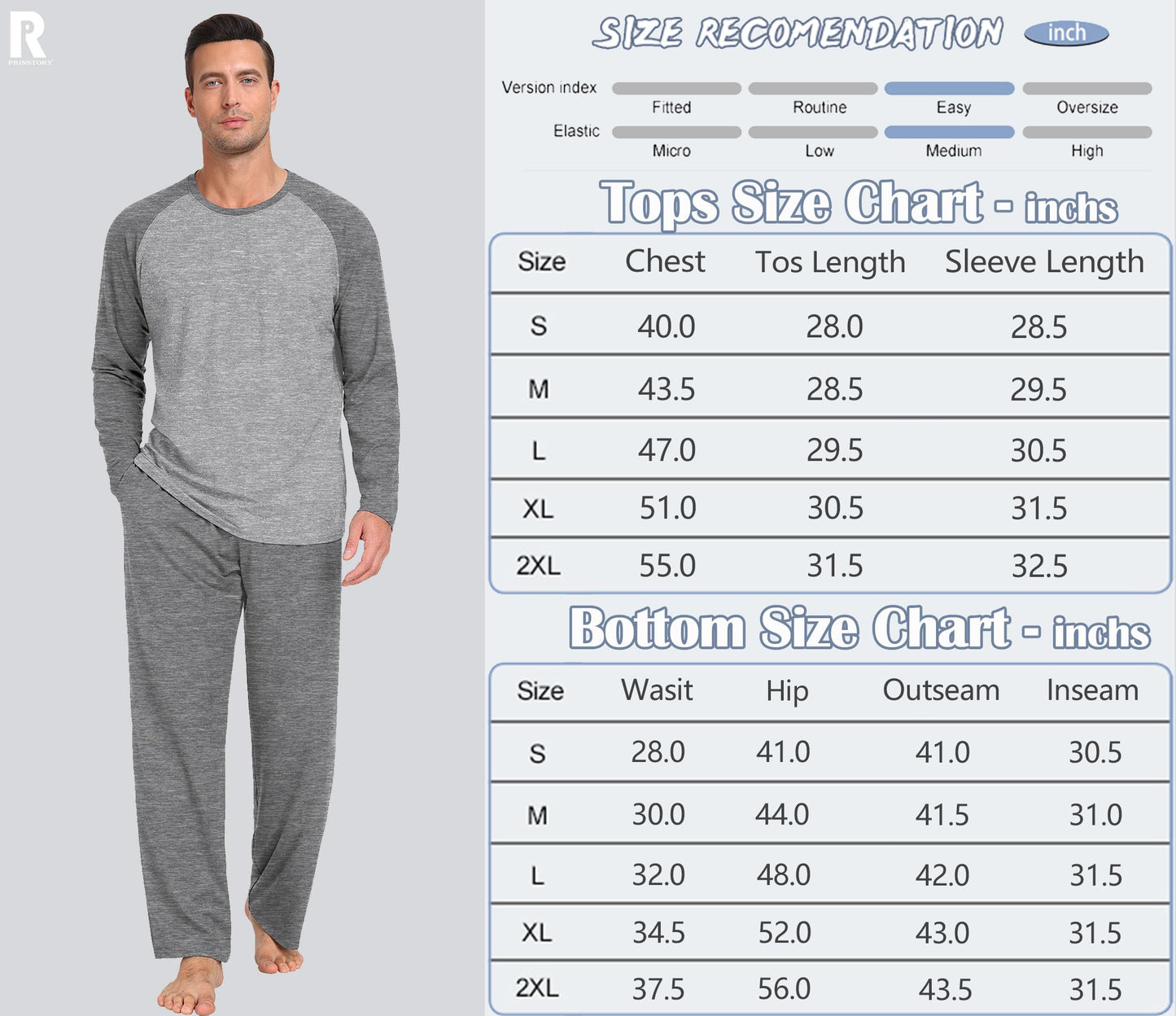 PrinStory Pyjamasset för män nattkläder pyjamas långärmad topp och byxor sovset