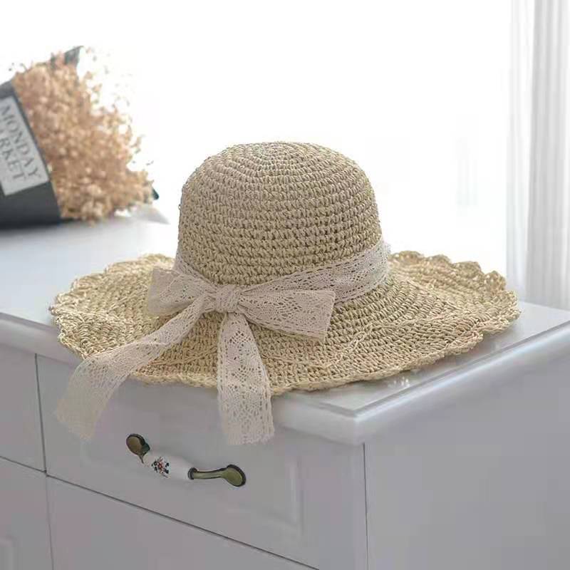 Women's Lace Straw Hat With Bow Hollow Sunscreen