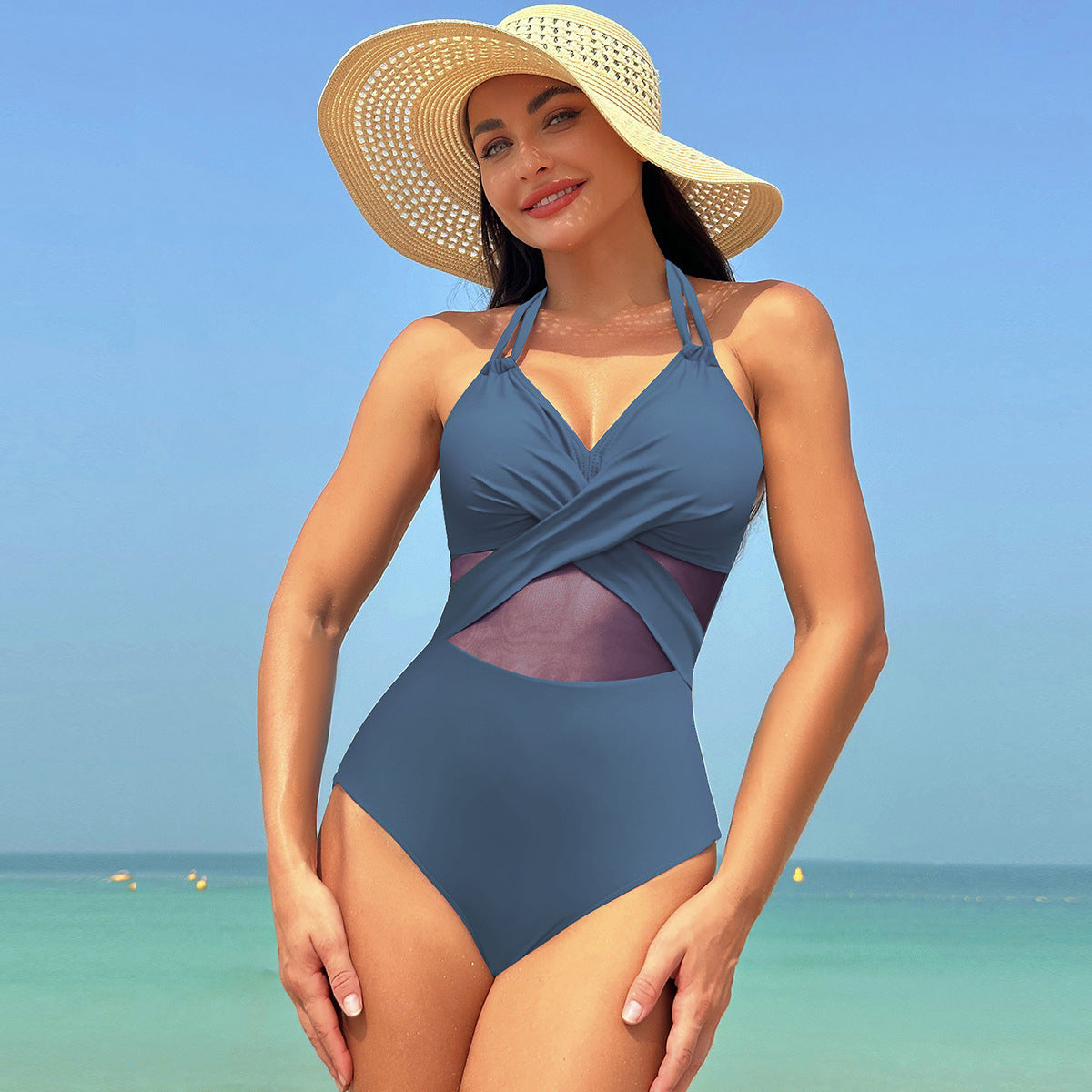 Halter-Neck One-Piece Swimsuit Summer Solid Color Cross-Strap Design Mesh Bikini Beach Vacation Womens Clothing
