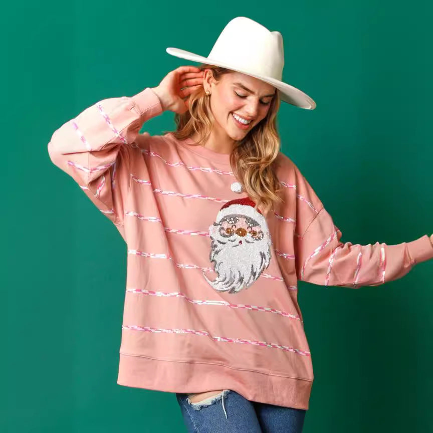 Christmas Sequined Top Striped Long Sleeve