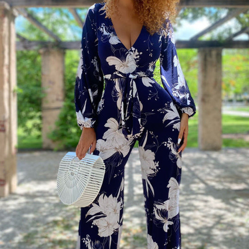 Fashionabel V-udskæring, Lange Ærmer, Løs Pasform, Brede Ben, Printet Jumpsuit